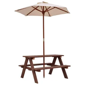 4-Seat Outdoor Kids Picnic Table Set with Removable Umbrella - Brown