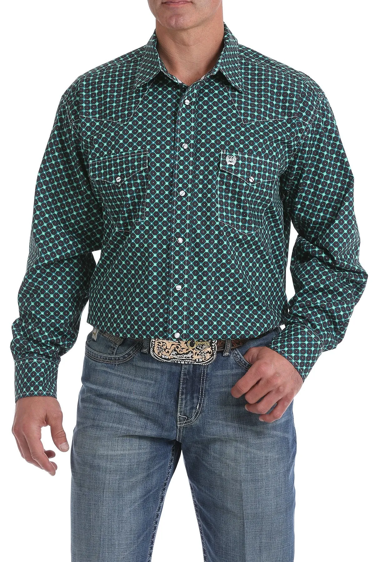 Cinch Men's Brown, Green, and Teal Geometric Print Snap Western Shirt