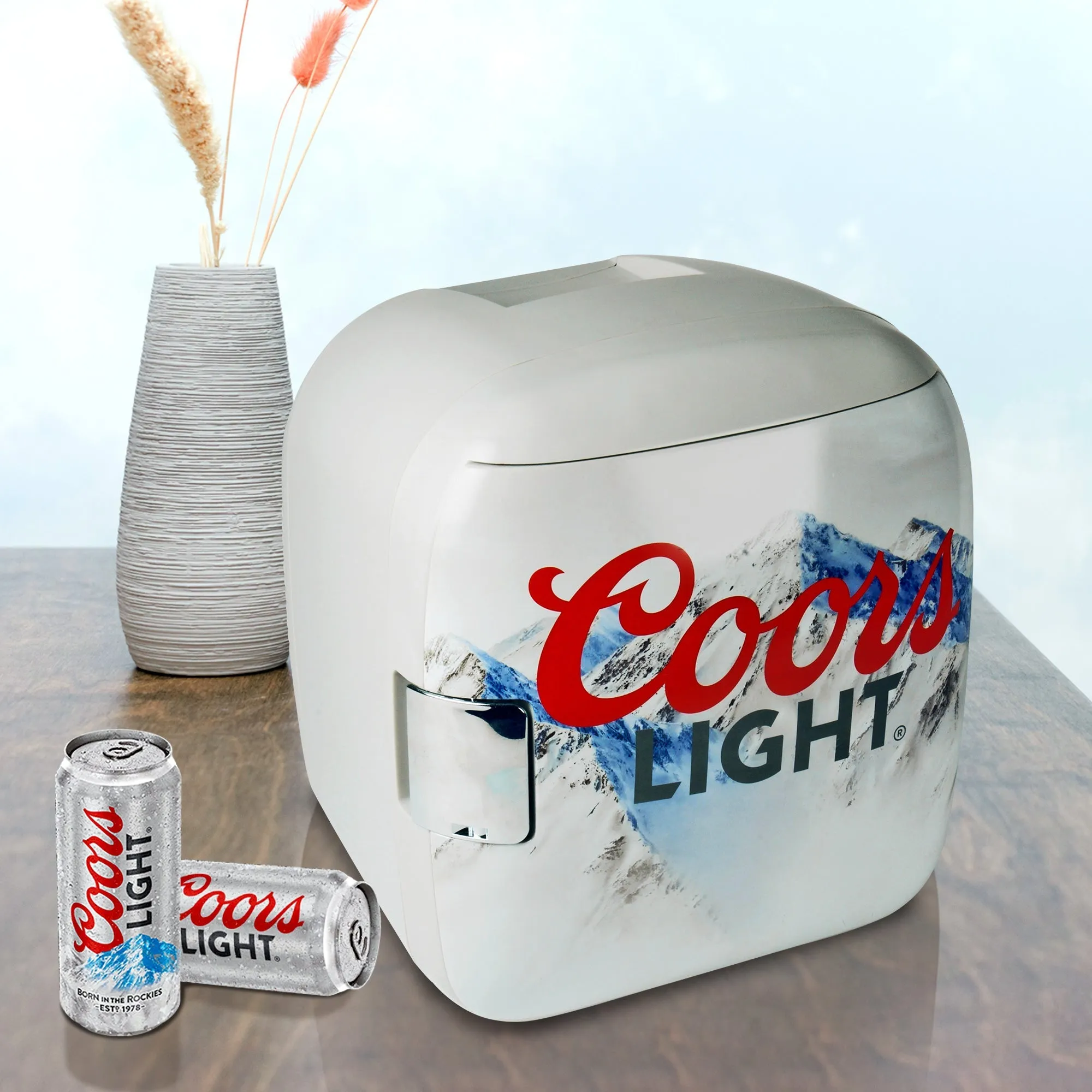 Coors Light 12 Can Portable Mini Fridge 12V DC 110V AC Cooler/Warmer 7.9L (8.3 qt), Personal Travel Fridge for Beer Snacks Lunch Takeout, Includes 12V and AC Cords, Home Office Dorm Travel, Gray