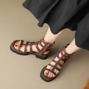 Gladiator Sandals Women Cow Leather Platform Shoes Drawstring Side Zipper Closure Summer Ladies Shoes Handmade 07119