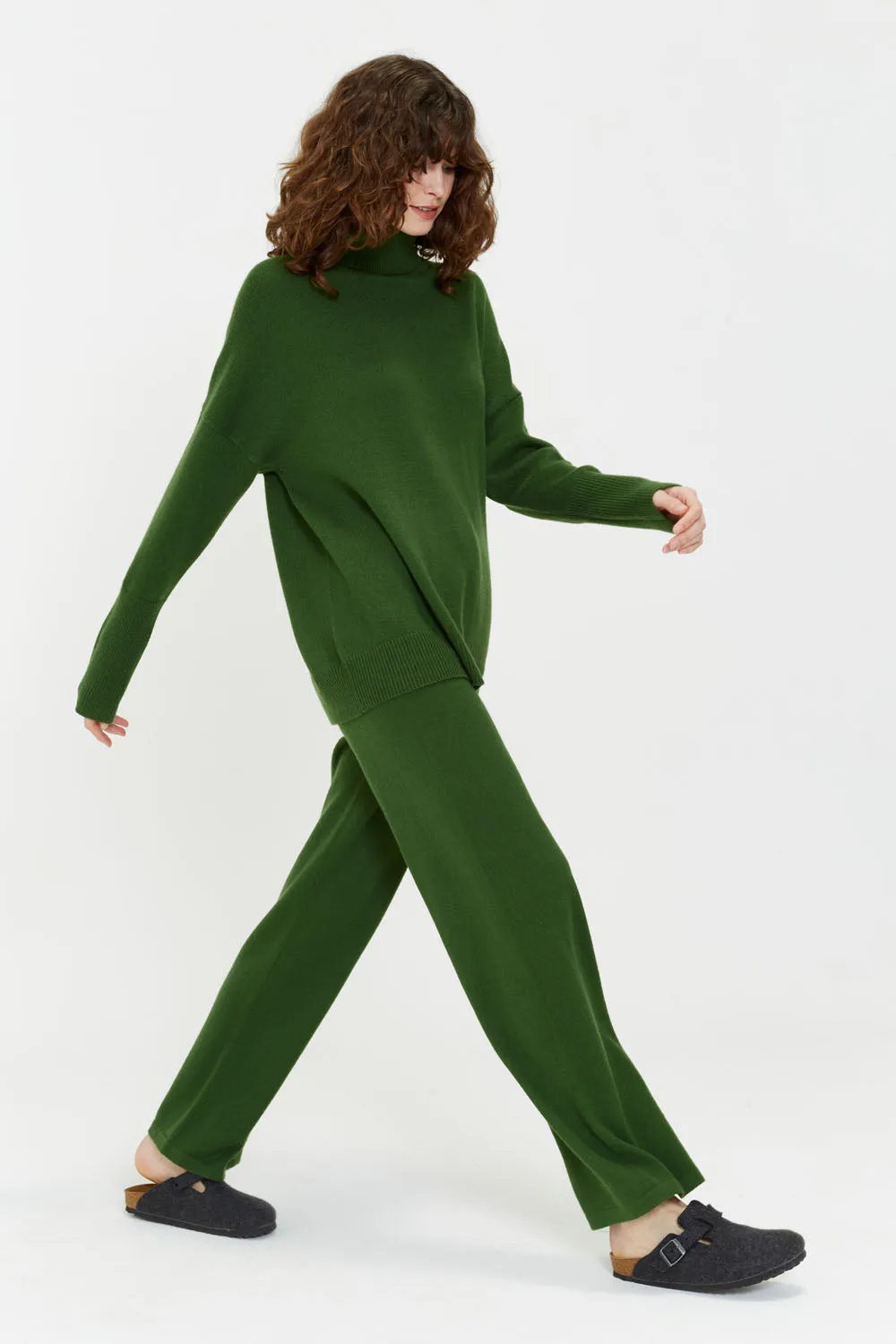 Green Cashmere Wide-Leg Track Pants