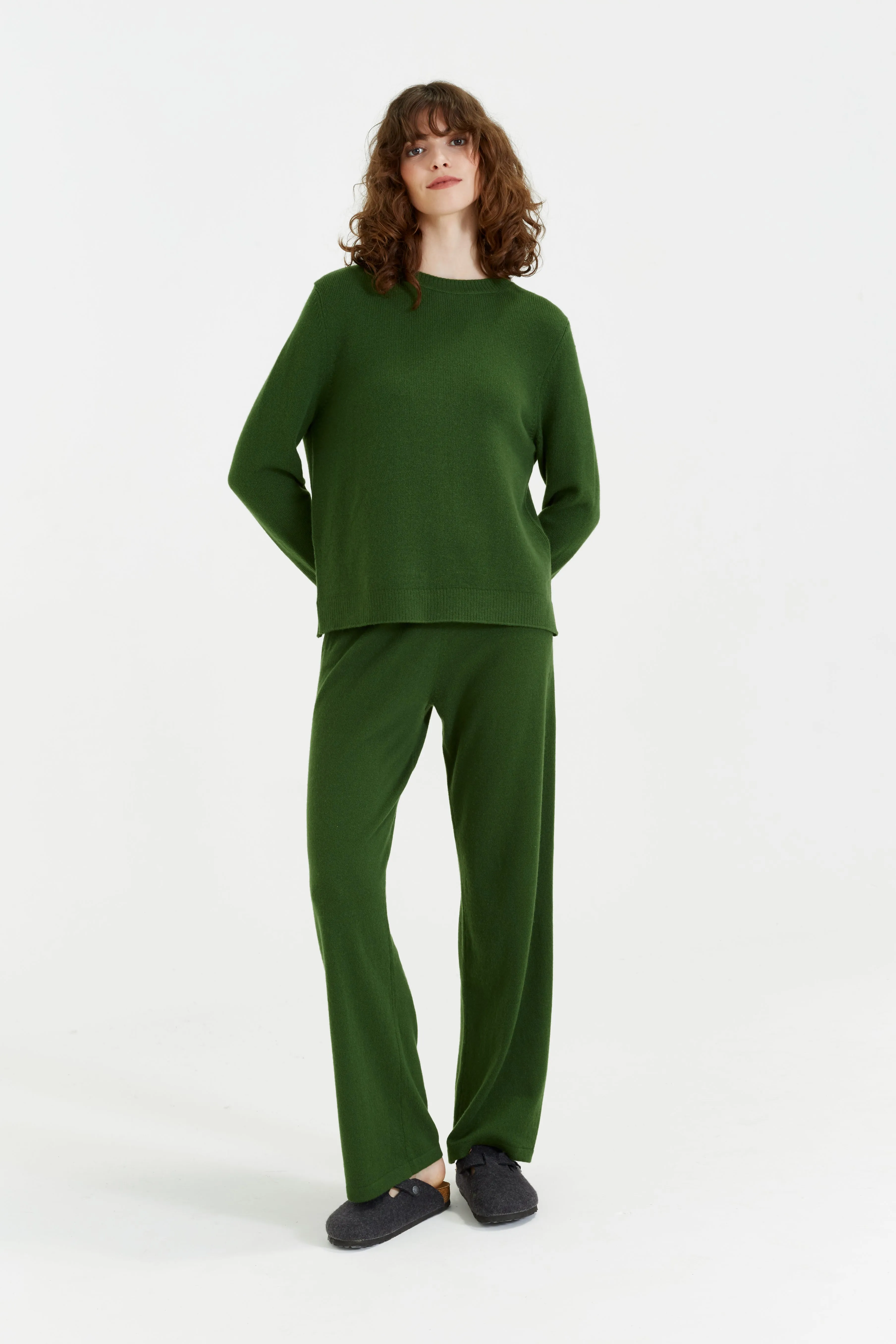 Green Cashmere Wide-Leg Track Pants