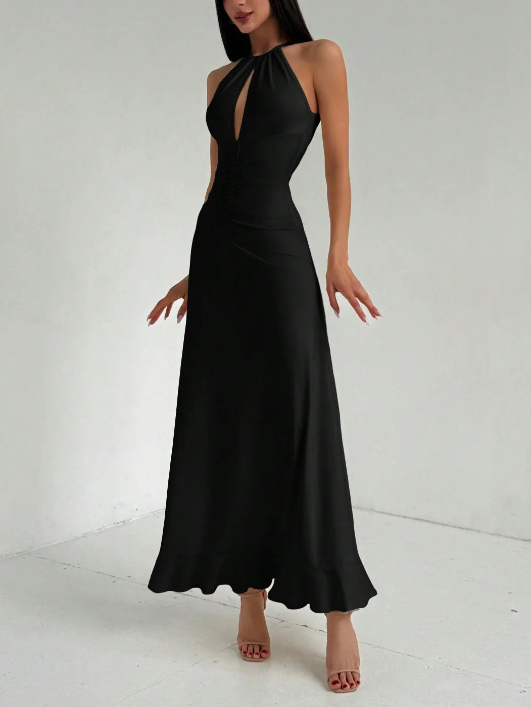 Halter Hollow Out Sleeveless Maxi Dress