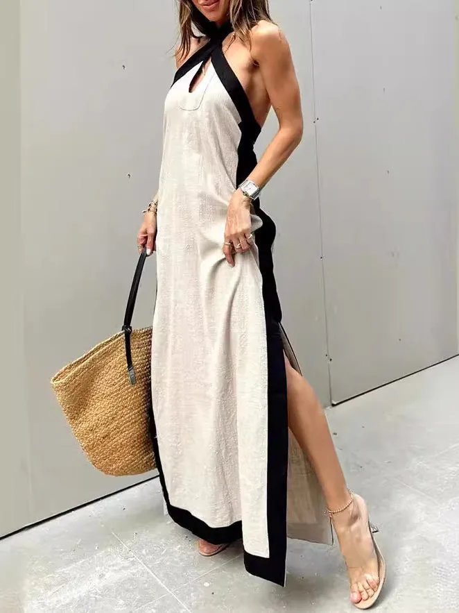 Halter Linen Slit Maxi Dress