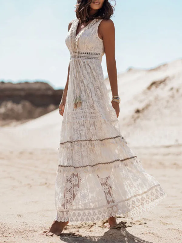 Hollow Lace White Maxi Dress