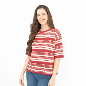 Max Mara Weekend Talea Red Striped Short Sleeve Drop Shoulder Sweat Tops with Linen