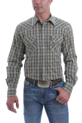 Men's Modern Fit Tan, Blue and Charcoal Plaid Western Snap Shirt