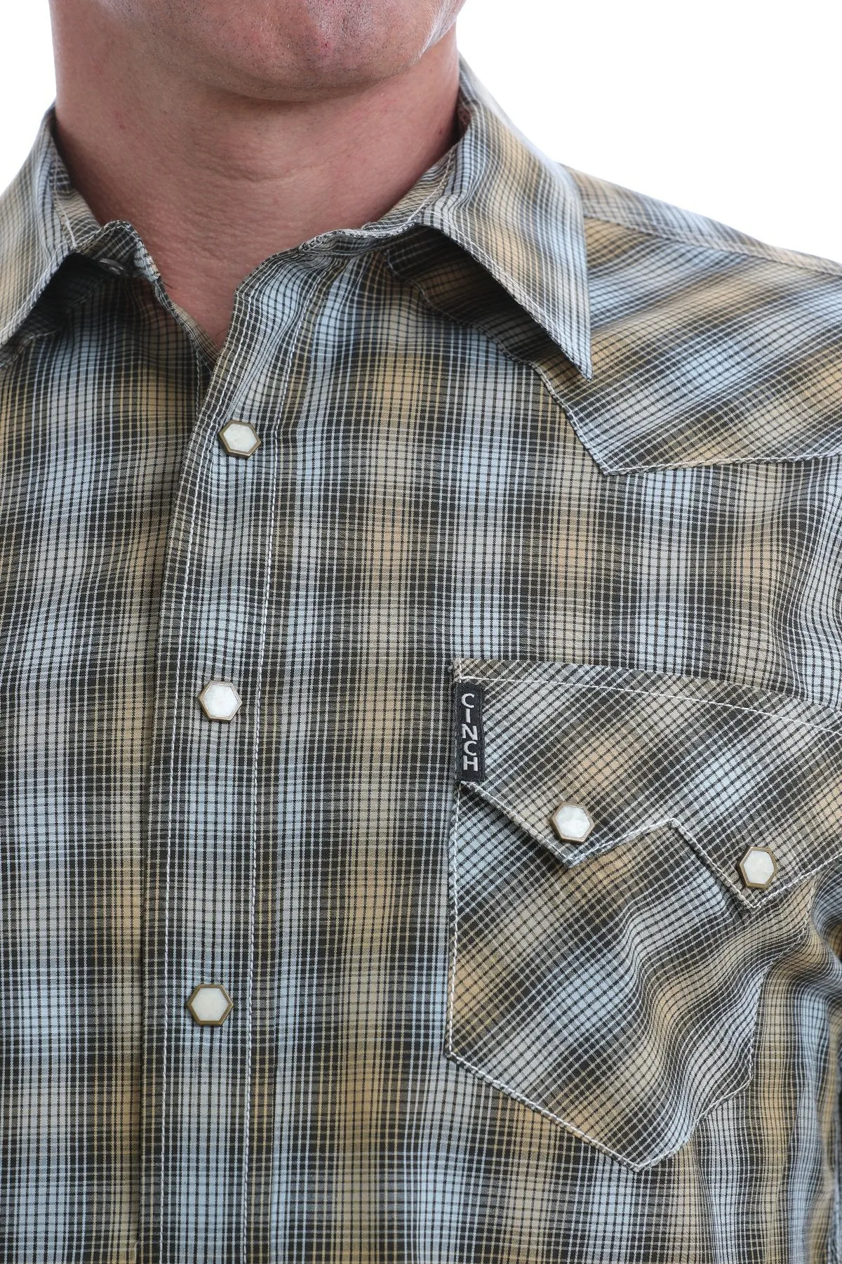 Men's Modern Fit Tan, Blue and Charcoal Plaid Western Snap Shirt