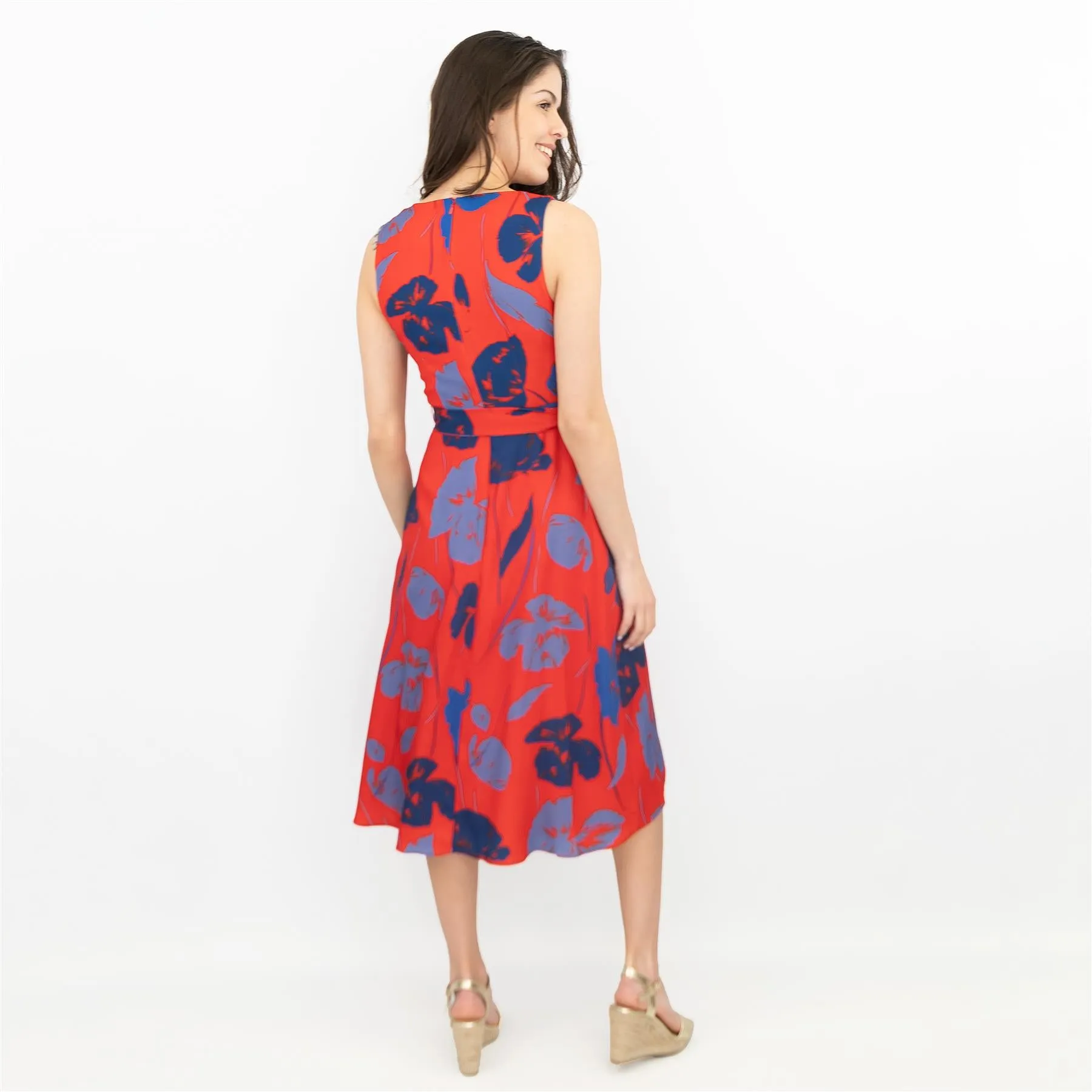 Phase Eight Sacha Red Floral Sleeveless Hi-Lo V-Neck Midi Dress