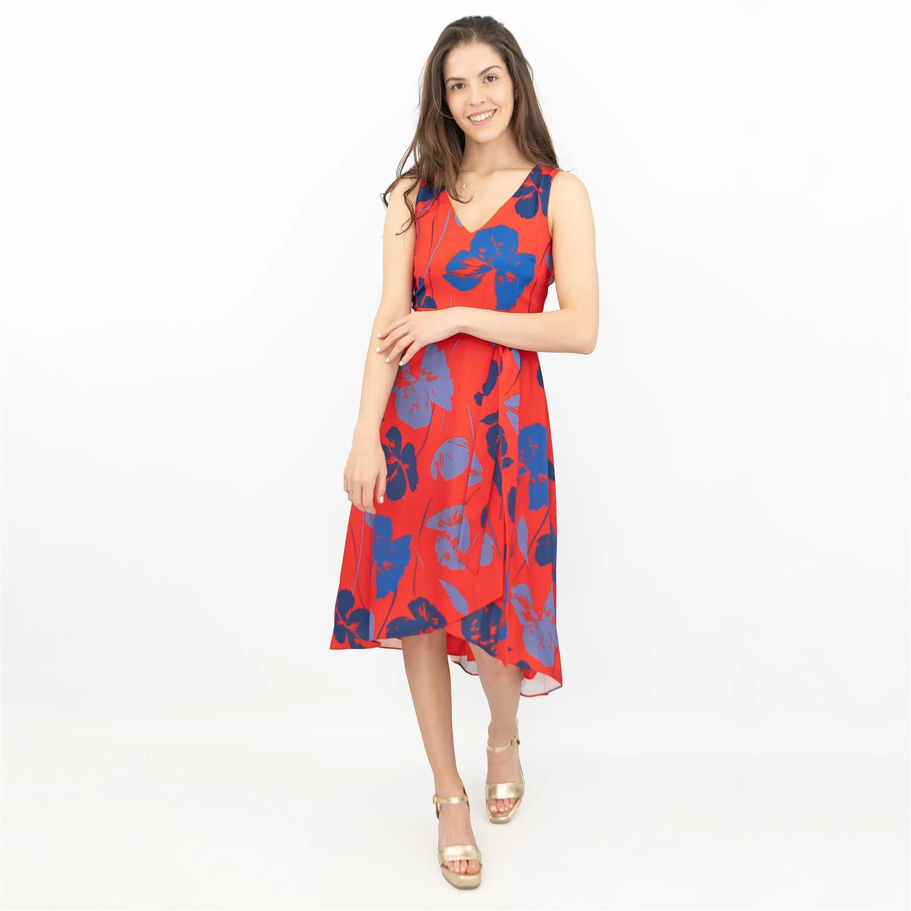 Phase Eight Sacha Red Floral Sleeveless Hi-Lo V-Neck Midi Dress