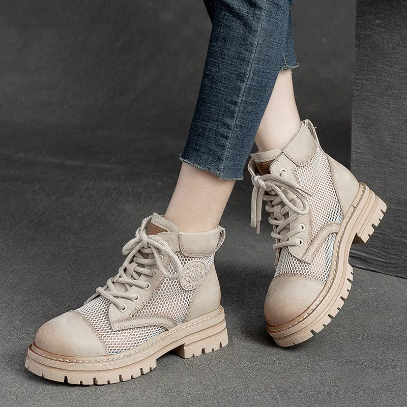 Women Casual Hollow Mesh Leather Lug Sole Boots