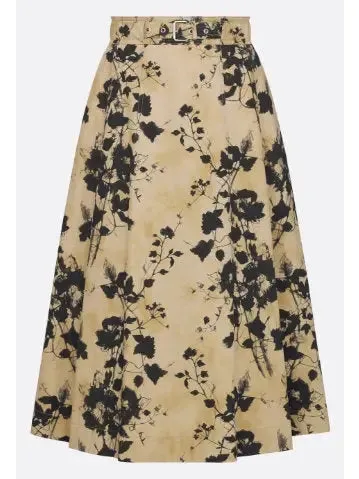 Women’s Beige and Black Floral Cotton Gabardine Flared Mid-Length Skirt