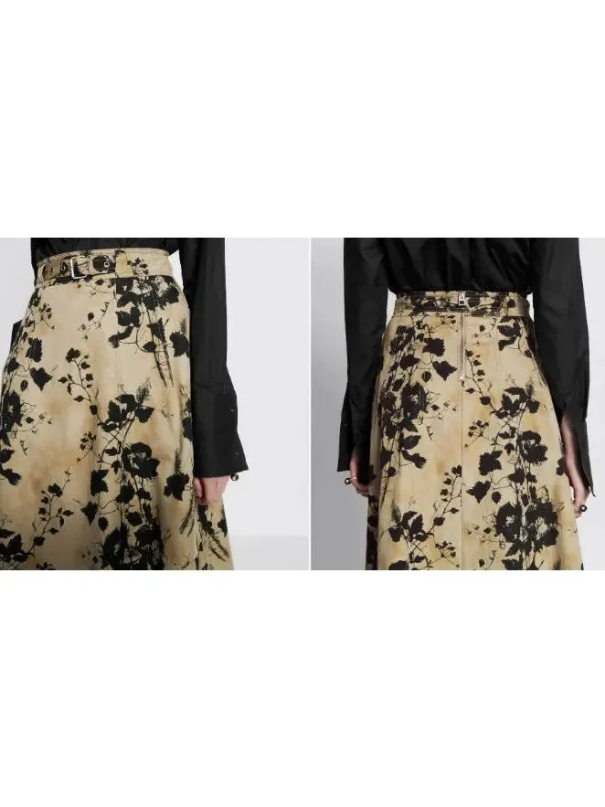 Women’s Beige and Black Floral Cotton Gabardine Flared Mid-Length Skirt