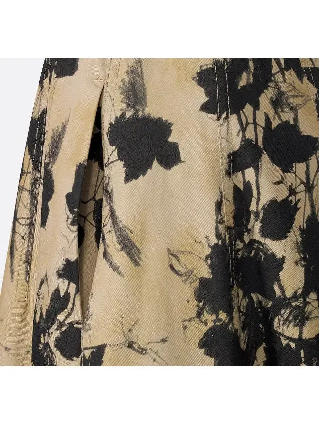 Women’s Beige and Black Floral Cotton Gabardine Flared Mid-Length Skirt