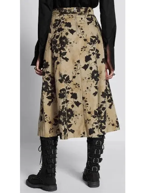 Women’s Beige and Black Floral Cotton Gabardine Flared Mid-Length Skirt