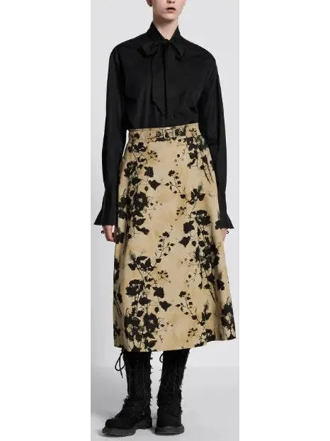 Women’s Beige and Black Floral Cotton Gabardine Flared Mid-Length Skirt