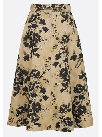 Women’s Beige and Black Floral Cotton Gabardine Flared Mid-Length Skirt