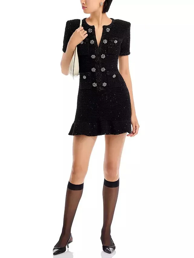 Women’s Decorative-Button-Embellished Black Tweed Mini Dress