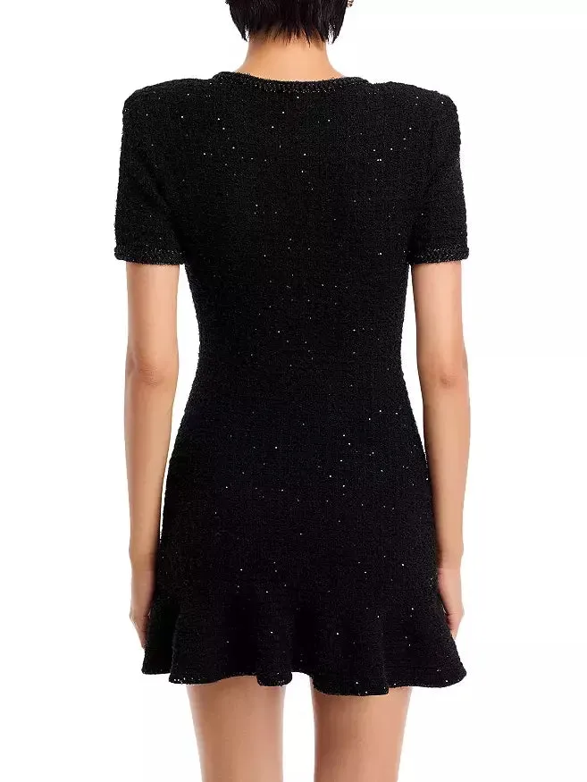 Women’s Decorative-Button-Embellished Black Tweed Mini Dress