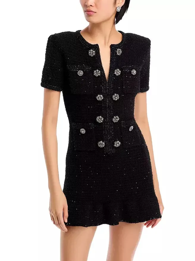 Women’s Decorative-Button-Embellished Black Tweed Mini Dress