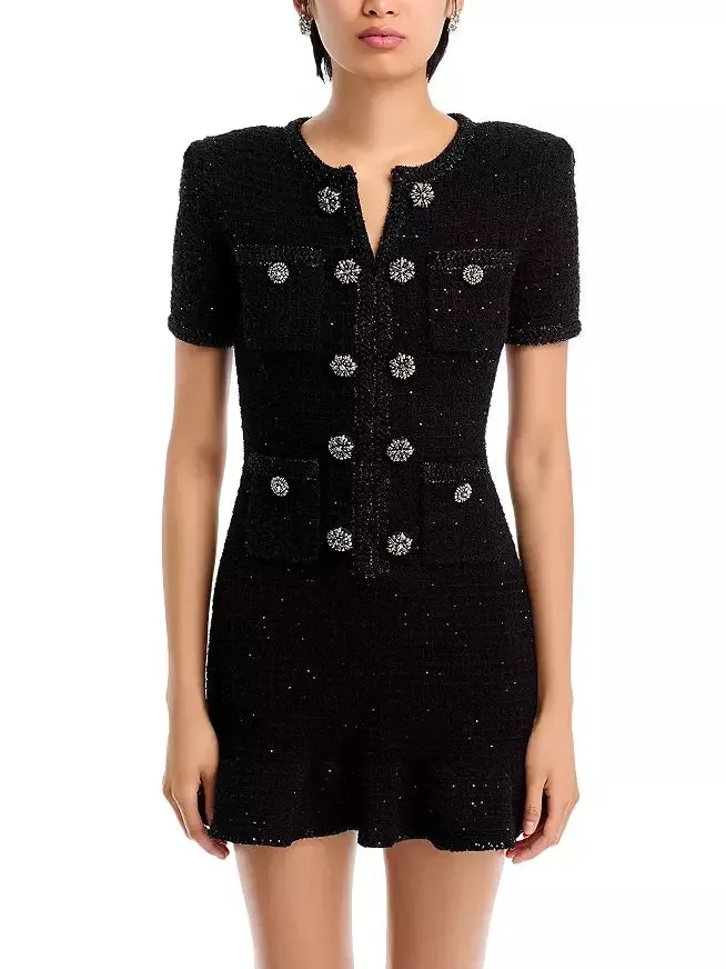 Women’s Decorative-Button-Embellished Black Tweed Mini Dress