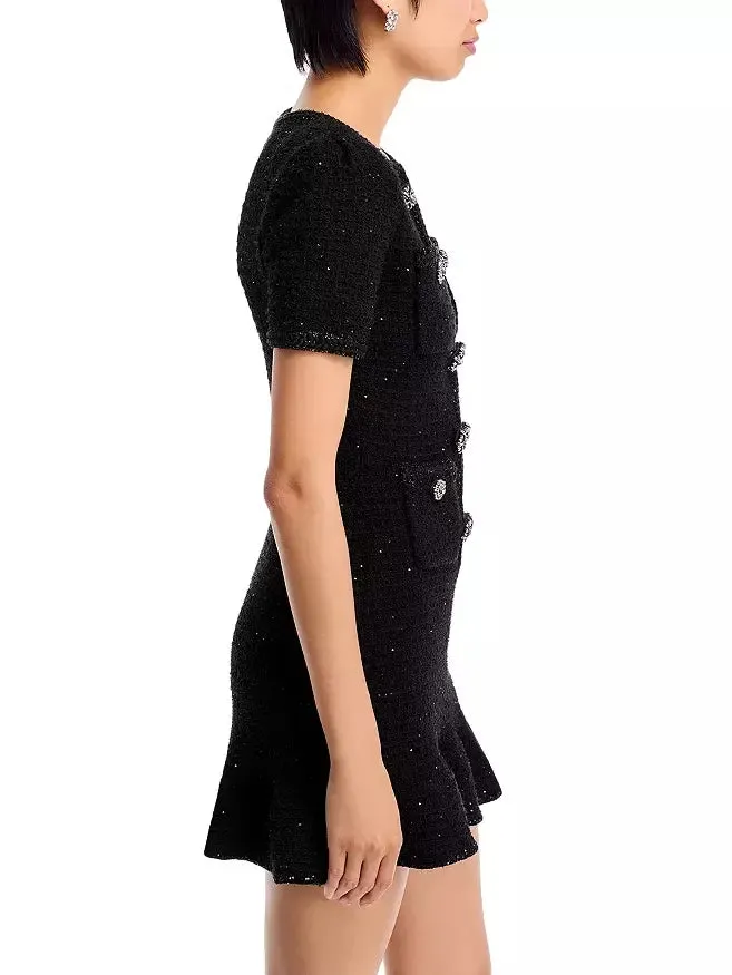 Women’s Decorative-Button-Embellished Black Tweed Mini Dress